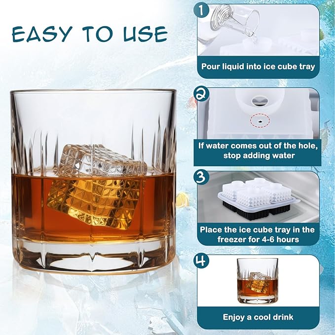 Hoolerry 2 Pcs 3D Square Silicone Ice Cube Tray 2.2" Large Square Cube Mold 4 Hole Fun Shapes Big Mold with Funnel for Whiskey Cocktails Bourbon Chilling