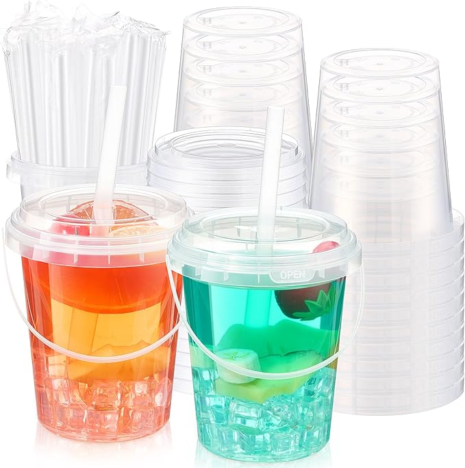 Funnymoom 15 Set 34oz Clear Plastic Drink Buckets with Lids and Straws Disposable Iced Coffee Cups Rum Buckets for Cocktail Parties Smoothie Cup Bulk with Handles for Beach Pool Party Supplies