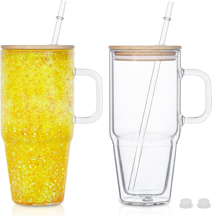 32 Oz Glass Snow Globe Tumbler Cup With Handle, Pre-Drilled Double Wall Glass Coffee Mug For Snow Globe Diy Glitter