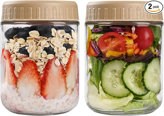 SHOWIN Overnight Oats Containers with Lids, 16oz Glass Jars with Lids 2 pcs, Taffy, Wide Mouth Mason jars for Salad, Yogurt, Snacks, Meal Prep