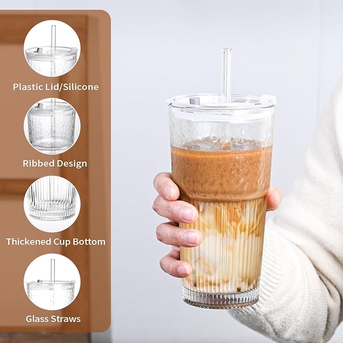 20oz Glass Tumblers with Lids and Straws,1PCS Glass Cups with Lids and Straws,Iced Coffee Cups with Lid,Drinking Glasses for Juice, Smoothies