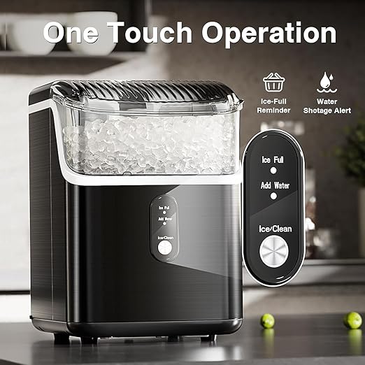 Antarctic Star Nugget Ice Makers Countertop, Portable Ice Machine with Ice Scoop & Basket, 34Lbs/24H, Self-Cleaning, One Click Operation for Office/Home/Bar (Stainless Steel Black)