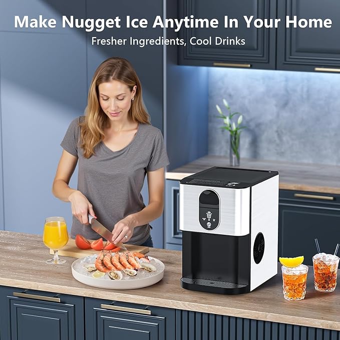 Countertop Nugget Ice Maker, 44lbs/24H Nugget Ice Machine Countertop, Chewable Pellet Ice Maker Machine with Ice Dispenser, 2.4L Water Reservoir, Self-Cleaning, Ideal for Kitchen/Bar/Office, D-Silver