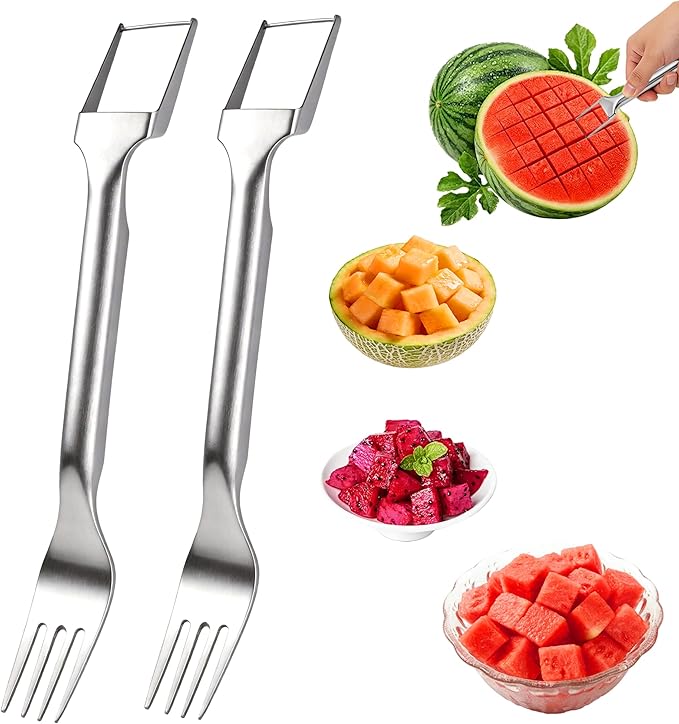 Watermelon Cutter, 2-in-1 Stainless Steel Watermelon Fork Slicer Cutter, Ergonomic Handle, Home Kitchen Gadgets for Watermelon, Cantaloupe, Honeydew & Other Summer Fruit(2PCS)