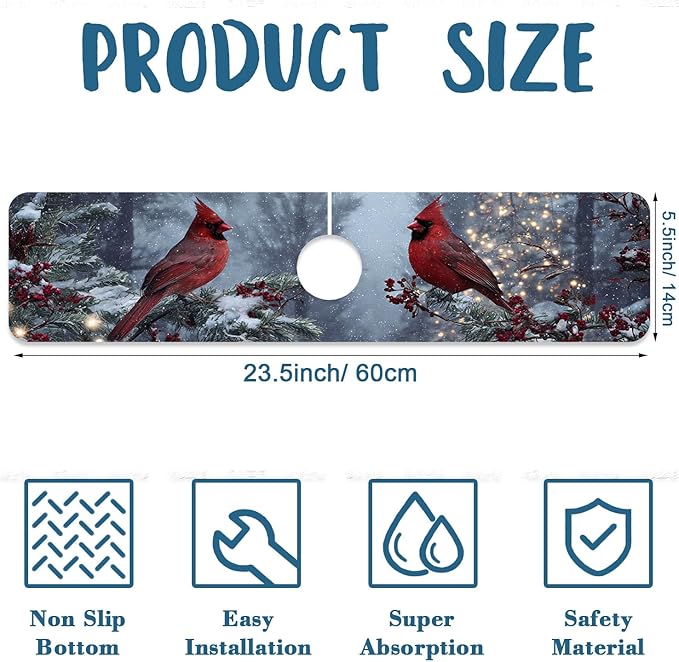 Christmas Winter Kitchen Sink Splash Guard Faucet Mat Cardinal Super Absorbent Fast Drying Mat Sink Splash Guard Behind Faucet for Kitchen Bathroom, 23.5"x5.5"