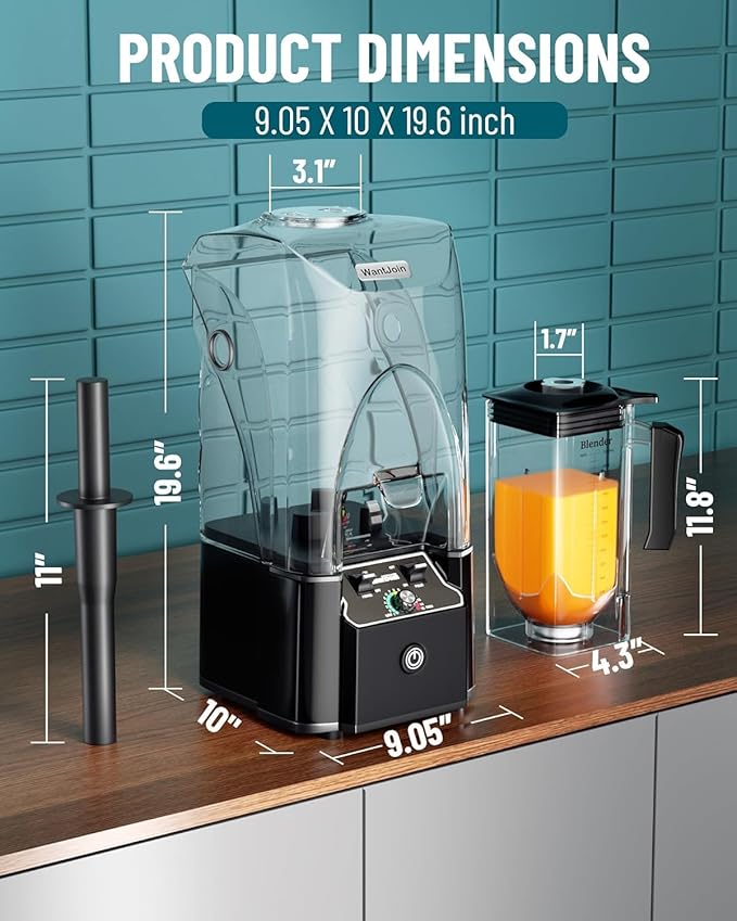 WantJoin Professional Commercial Blender With Shield Quiet Sound Enclosure 2200W Industries Strong and Quiet Professional-Grade Power, Self-Cleaning, Black