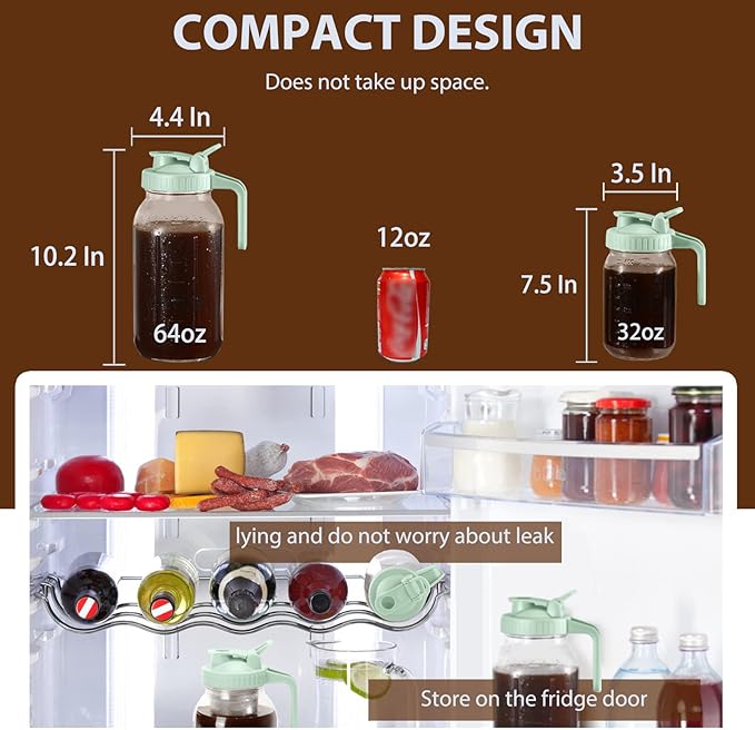 Glyntrof Cold Brew Coffee Maker Pitcher, Green 64 Oz Heavy Duty Wide Mouth Glass Mason Jar pour spout Lid with Stainless Steel Filter for Iced Coffee, Ice Drinks