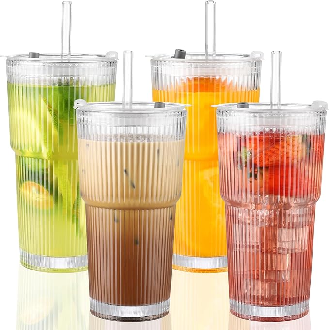 CWHHRN 20 oz Glass Cups with Lid and Straw 4 Set, Glass Tumbler with Straw and Lid, Vintage Glassware for Whiskey Cocktail Beer, Iced Coffee Cups with Lid (4 PACK)
