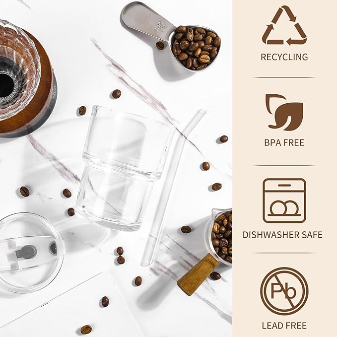 15oz Iced Coffee Cups with Lids Reusable,4Pcs Glass Matcha Cups,Glass Cups with Lids and Straws,Clear Glass Coffee Tumbler for Drinking Water,Tea,Juice