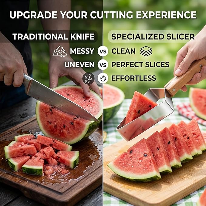Triangle Watermelon Cutter Large Stainless Steel Melon Slicer Tool Ergonomic Wooden Handle Multifunction Function Summer Divider Wheel Handheld Cutting Fruit Kitchen Gadget Camping Picnic(2pcs)