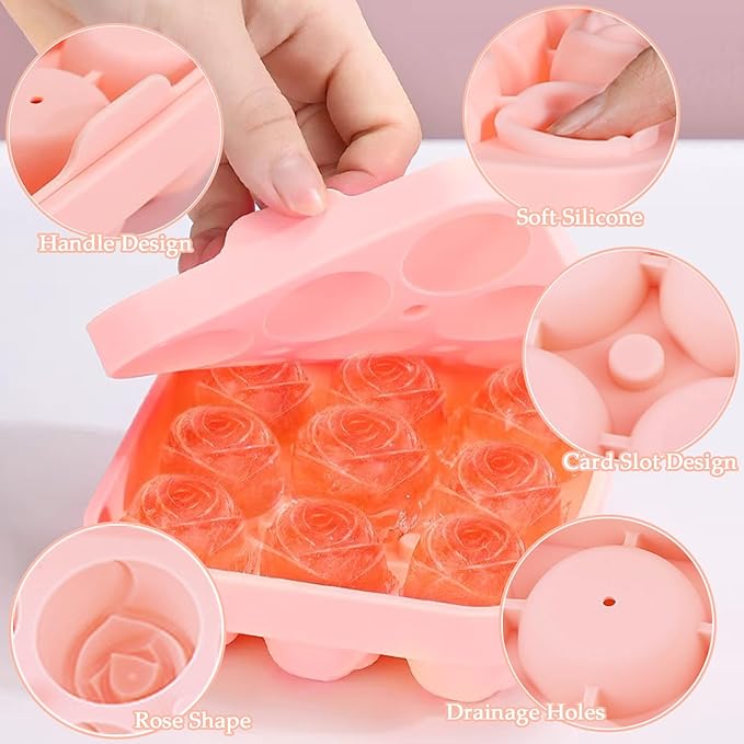 Ice Cube Mold with Lid, Silicone Rose Ice Cube Tray with Mini Tongs, Rose Ice Cube Trays for Freezer, Easy Release Ice Trays Maker, Make 9 Ice Ball Maker Mold Flower Ice Tray Mold for Cocktail