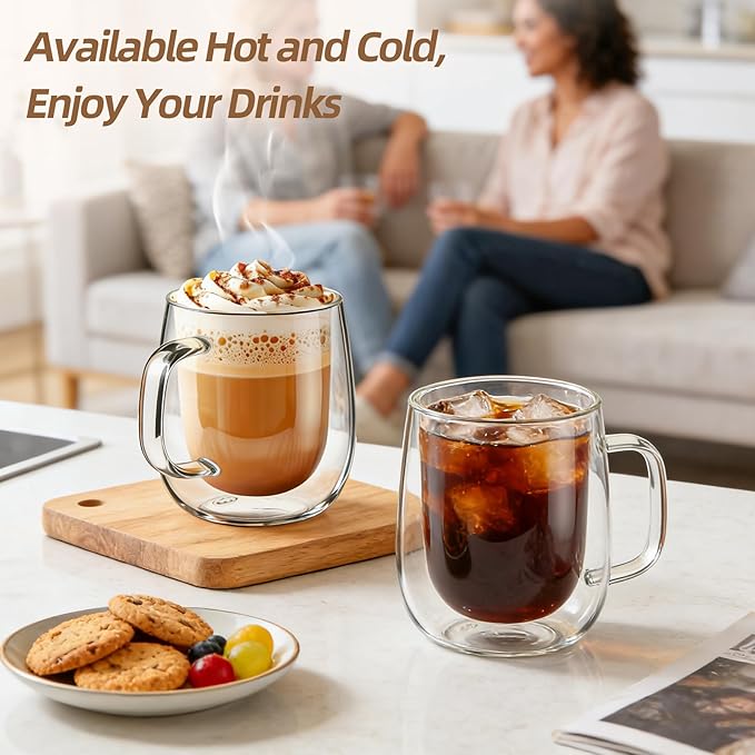 12 OZ Glass Coffee Mug Pack of 4, Double Wall Glass Mug with Handle Insulated Clear Glass Coffee Cup for Espresso, Cappuccino, Latte, Americano, Tea