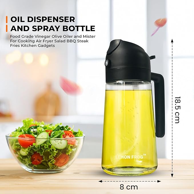Oil Dispenser/Sprayer Glass Bottle for Kitchen- 2 in 1 Premium Design, 470mL/16oz for Day to Day Cooking, Barbecue, Air Fryer, Salad Prep- Leak Proof & Clean Operation.
