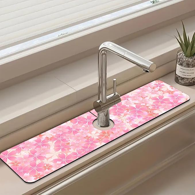 Sink Faucet Absorbing Mat Cherry Spring Flower Sink Splash Guard Drying Mat for Kitchen Bathroom Faucet Sinkmat 23.5"X5.5"