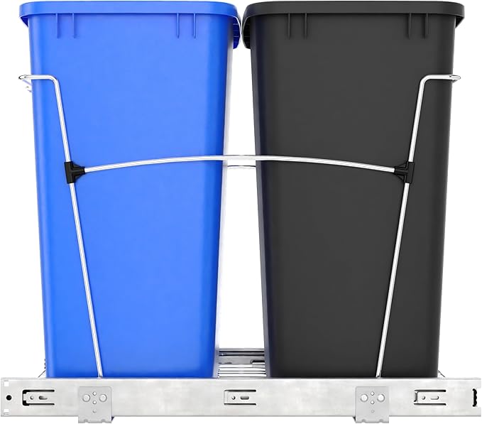 Rev-A-Shelf RV-18KD-2218C-S Double Pullout Trash Cans for Kitchen Cabinets 35 Quart Garbage Recycling Bin on Full Slides, Blue/Black