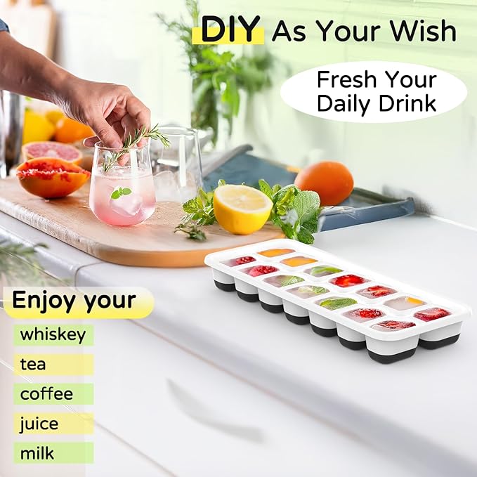 Ice Cube Tray 5 Pack, Stackable Silicone Ice Cube Trays with Lid– Easy Release Reusable Ice Tray, BPA-Free Rectangular Ice Cube Mold Set for Cocktails, Coffee, Whiskey & Drinks- Black