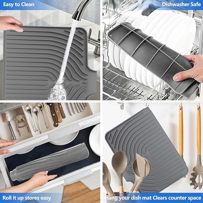 JACZZO Silicone Dish Drying Mat for Kitchen Counter - 14.7x10.2 Inch Non-Slip Drying Matt with Slope Drain, Dish Sponge Holder, Heat Resistant Mat (Grey)