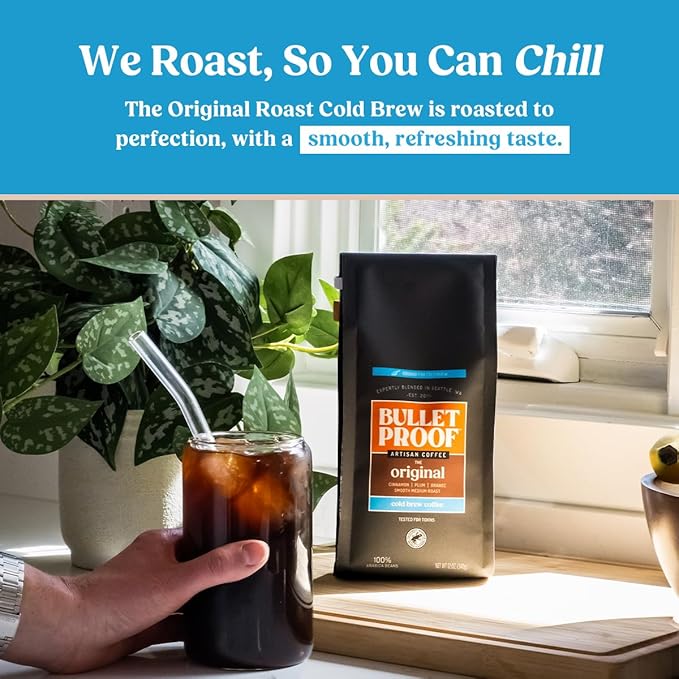 Bulletproof Original Cold Brew Coffee, Medium Roast Coarse Ground, Clean and Tested for Toxins, Smooth Artisan Coffee for Cold Brew Iced Coffee, 12 oz