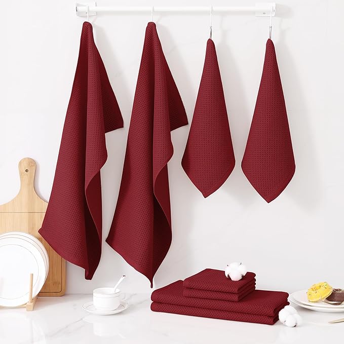 Homaxy 100% Cotton Kitchen Towels and Dishcloths Set, 12 x 12 Inches and 13 x 28 Inches, Set of 12 Bulk Kitchen Towels Set, Ultra Soft Absorbent Dish Cloths for Washing Dishes, Burgundy