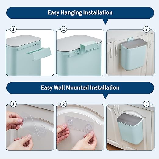 2.4 Gallon/9L Hanging Trash Can with Stainless Steel Lid, Mountable Compost Bin for Kitchen Cabinet Door, Under Sink Food Waste Container for RV, Bathroom, Office