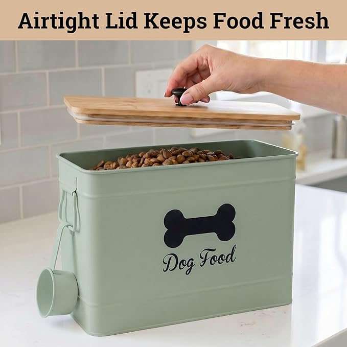 Dog Food Container Airtight 15 lb (50 Cup) Capacity with Metal Scoop - Cute Airtight Dog Food Storage Container with Bamboo Lid - Green Metal Kibble Storage Bin for Dogs up to 100 lbs - Big Pet Jar