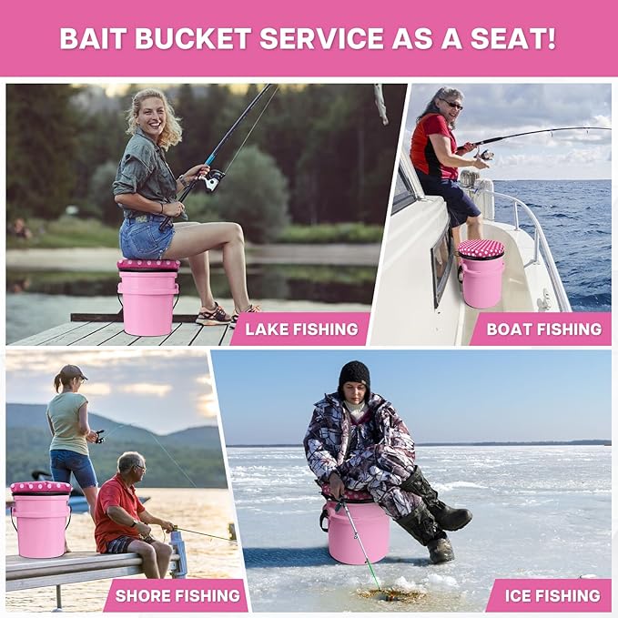 5 Gallon Bucket Seat for Yeti Bucket Only, Swivel Bucket Lid with Padded Top for Cozy Sitting, Bucket Seat Cushion for Outdoor Fishing,Hunting,Gardening, Baseball Training, Pink, Black