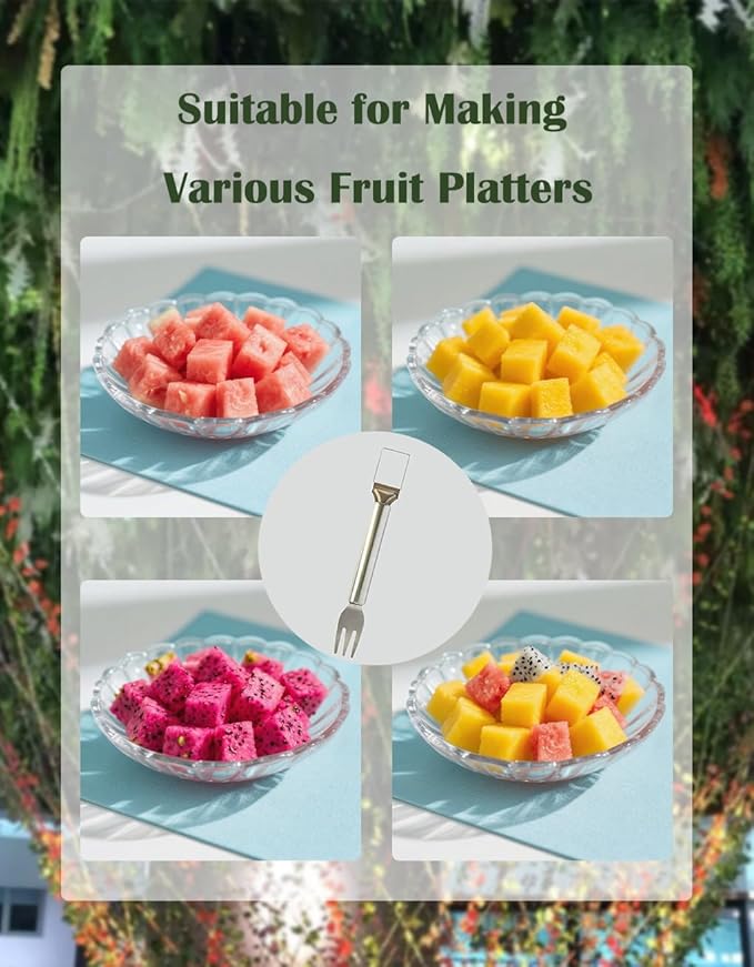 2-in-1 Stainless Steel Watermelon Fork Slicer, Portable Fruit Cutter Knife for Quick Melon Cubes, Kitchen Gadget for Summer Party, Picnic & Camping, Silver (1 Pack)