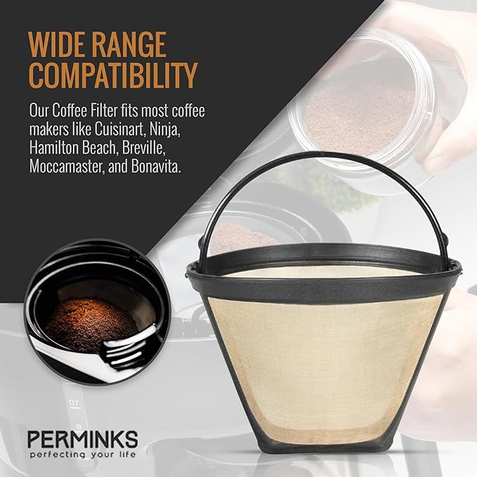 Reusable #4 Gold Tone Mesh Cone Coffee Maker Filter Basket - exact Replacement for Cuisinart, Ninja, Hamilton Beach, Breville, Moccamaster, Bonavita, Farberware, 1pc