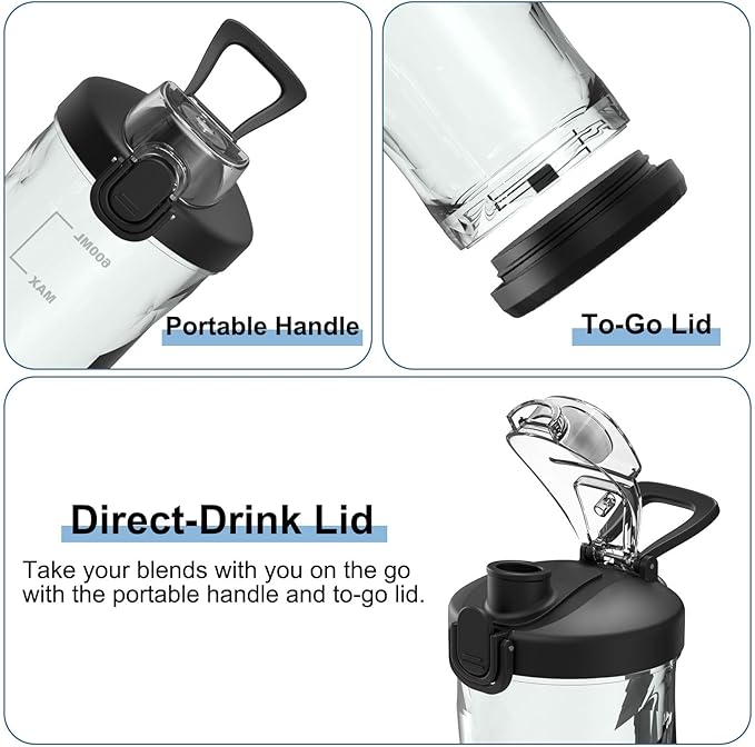 DENOKIN Portable Blender, Shakes and Smoothies Cordless Personal Size Blender 20oz with 6 Blade and a Travel Lid (Elegant Black)