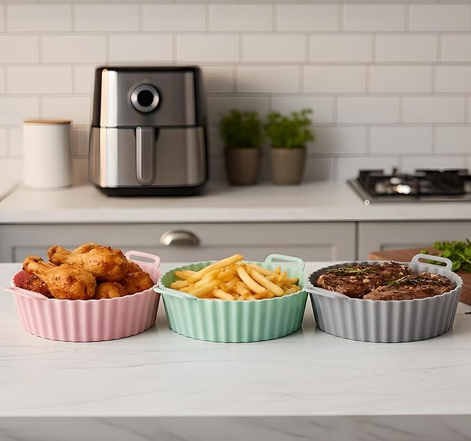 Silicone Air Fryer Liners – 3 Pack 8″ Reusable Food-Grade Silicone Basket Inserts, Cook Multiple Foods Back-to-Back Without Washing, Non-Stick Easy Clean, BPA-Free