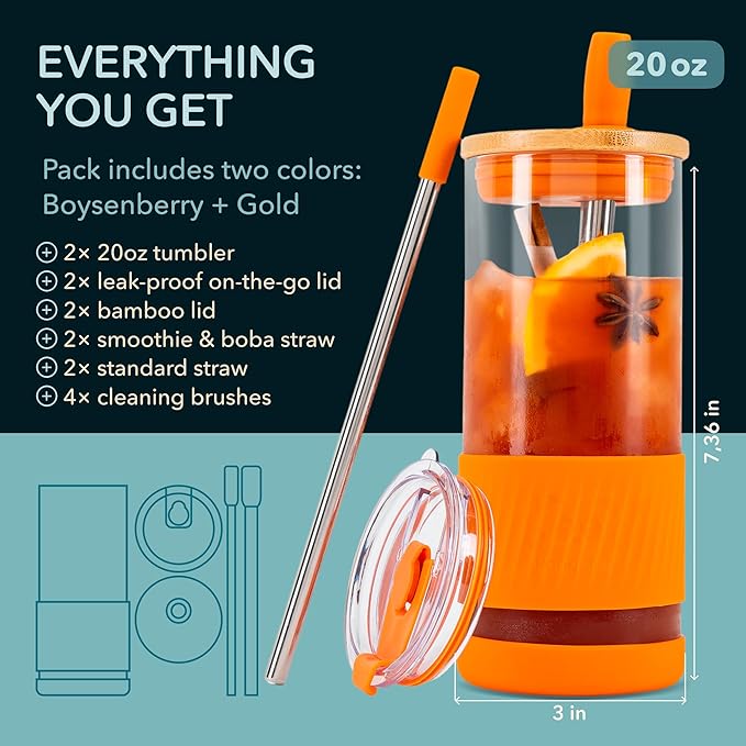 Pandaloo® Glass Cups With Lids and Straws -20 Fl Oz- Perfect Size Iced Coffee Cup - Smoothie Cup With Bamboo Lid and On the go Lid - Glass Tumbler (2 Count (Pack of 1), Boysenberry-Autumn Gold)