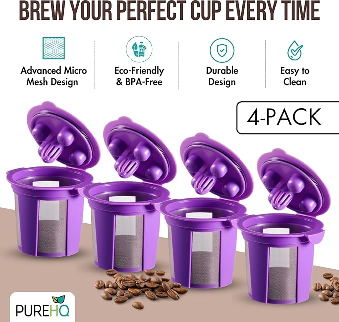 4 Reusable K Cups for Keurig Supreme, K-Supreme Plus, K Slim, K-Classic by PureHQ - Refillable Kcup for Keurig Coffee Maker - MultiStream Coffee Pods Filter