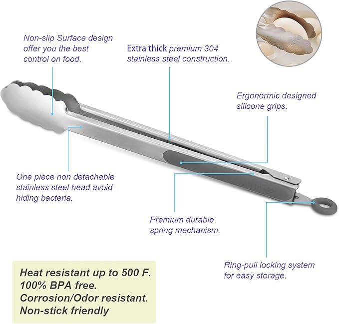 ALLWIN-HOUSEWARE W 304 Stainless Steel Kitchen Cooking Tongs, 12" and 14" Set of 2 Sturdy Grilling Barbeque Brushed Locking Food Tongs with Ergonomic Grip, Grey