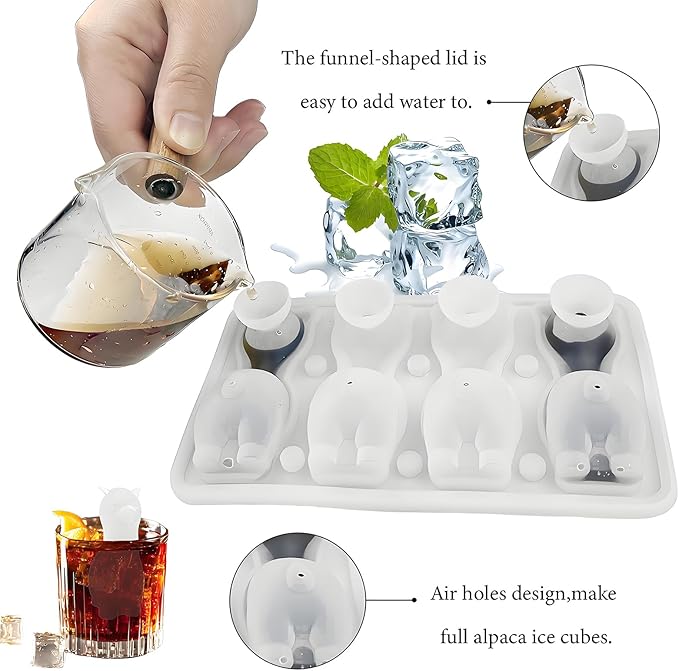 3D Alpaca Ice Cube Mold, 4 Hole Fun Shapes Large Daarcin Ice Cube Tray for Whiskey,Cocktail,Bourbon, Cute Novelty Animal Gifts for Women, BPA Free (Black)