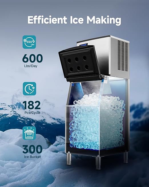 EUHOMY Commercial Ice Maker Machine,600lbs/24H,Industrial Ice Machine with 300lbs Storage Bin,Ice Ready in 10-15 Mins,SECOP Compressor&ETL,Stainless Steel Ice Maker for Bar/Cafe/Restaurant/Business
