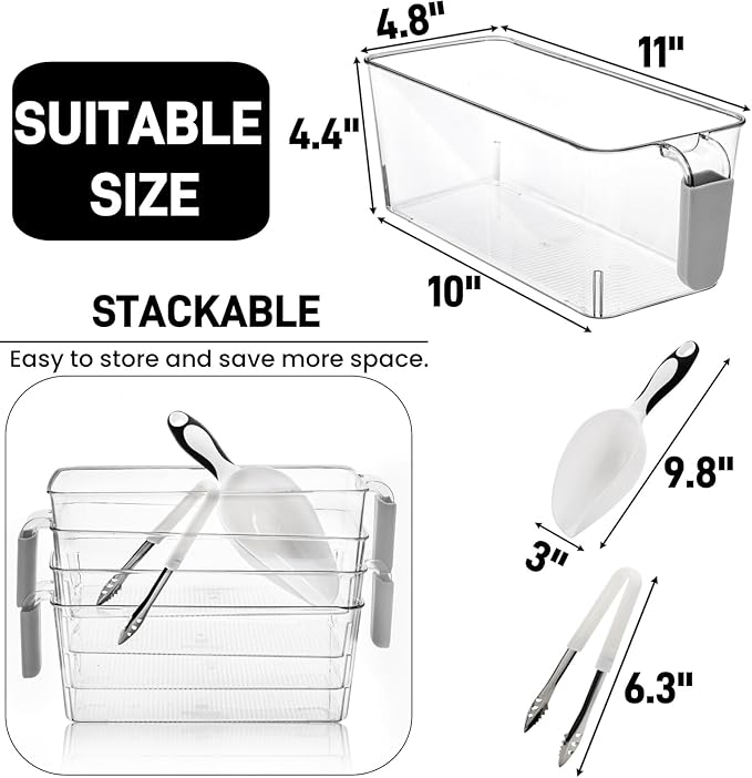 Pumtus 4 Pack Clear Ice Bins for Freezer, Plastic Ice Bucket with Flexible Scoop & Ice Tong, Pull Out Handle Ice Container, Kitchen Food Storage Organizer, Pantry Canister for Wine Beverage Fruit