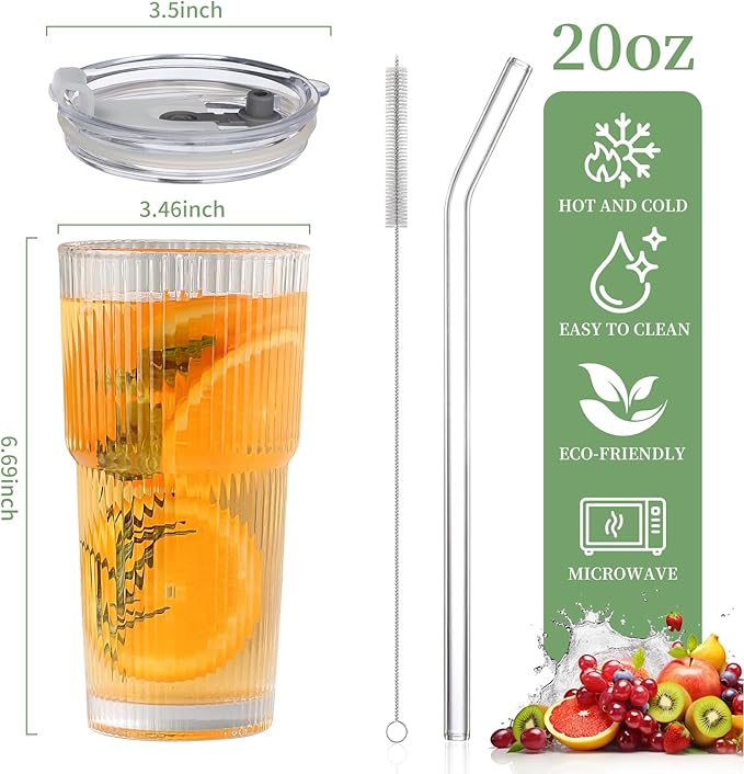 Glass Cups with Lids and Straws – 20oz Glass Tumbler with Straw and Lid, Reusable Iced Coffee Cup, Smoothie & Tea Glass, Ideal for Home, Office, Travel, 2 Pack