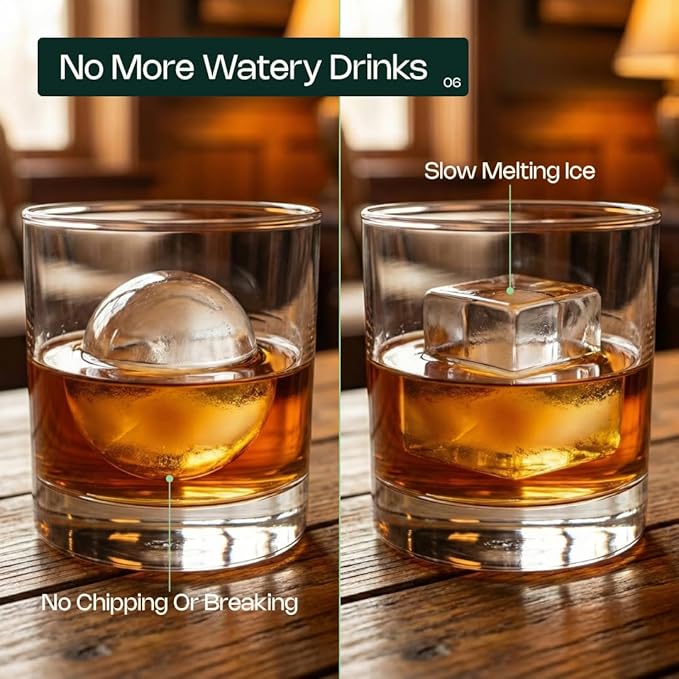 Large Ice Cube & Sphere Mold Set – 6 Whiskey Ice Cubes (2.2") + 6 Ice Spheres (2.4"), Silicone Ice Tray for Bourbon, Cocktails, Slow Melting, Easy Release, BPA-Free