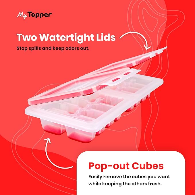 IceTopper Plus Ice Cube Tray with 2 Attached Lids - Easy Release Ice Cube Molds, 16 Cubes per Tray, Stackable & Dishwasher Safe, 100% Food Grade Silicone, BPA Free & Recyclable (2 Pack)