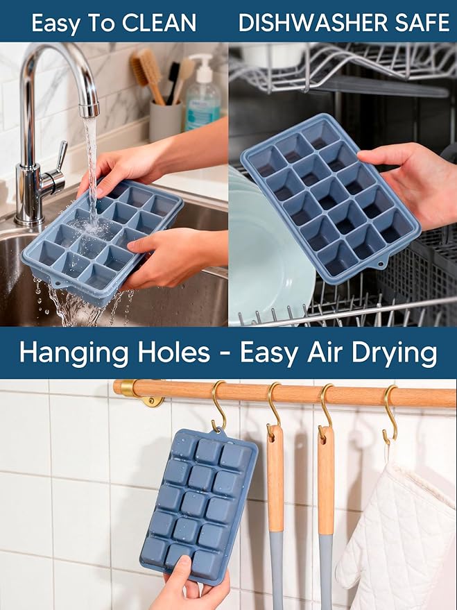 Silicone Ice Cube Trays with Lid, 2 Pack 30 Cubes, Easy Release Silicone Cube Molds, Reusable and Stackable Ice Cube Trays for Freezer, Covered Ice Cube Trays for Cocktails, Whiskey, Coffee