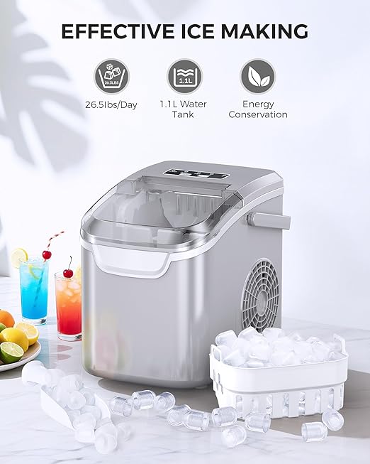 COWSAR Ice Maker Countertop, Portable Ice Machine with Self-Cleaning, 26.5 lbs/24Hrs, 8 Ice Cubes in 6 Mins, Ice Basket and Scoop, Ideal for Home, Kitchen, Bar, Camping