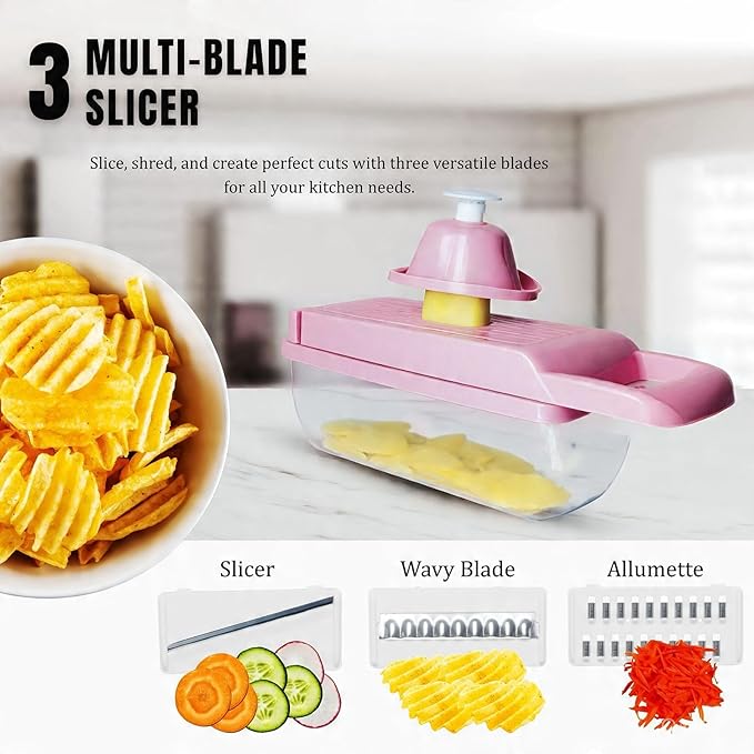 Kalmat Dynamics Food Chopper and Vegetable Slicer, 16-in-1 Multi-Function Kitchen Chopper with 7 Blades and Container, Free Black Cooking Apron (Pink+White)
