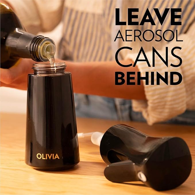 OLIVIA SIGNATURE The Original Advanced Kitchen Olive Oil Sprayer for Cooking, Flairosol Continuous Mist Dispenser with Portion Control, Reusable Glass Spray Bottle, Anti-Drip & Leakproof, Black 200 ml