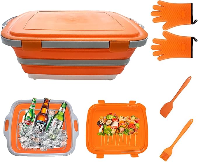 Collapsible BBQ Prep Tub with Lid & Cutting Board 8L - Meat Marinating Basin & Grill Carry System - 5pc Set with Heat Resistant Gloves, Basting Brush & Spatula(Orange, Large, 8L)