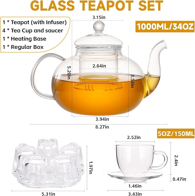 Glass Teapot Set, 34OZ/1000ML Glass Tea Kettle with Loose Tea Infuser & Warmer, 5oz/150ML Tea Cup & Saucer Set of 4, Stovetop & Microwave Safe Tea Maker, Blooming Tea Gift Set For Women