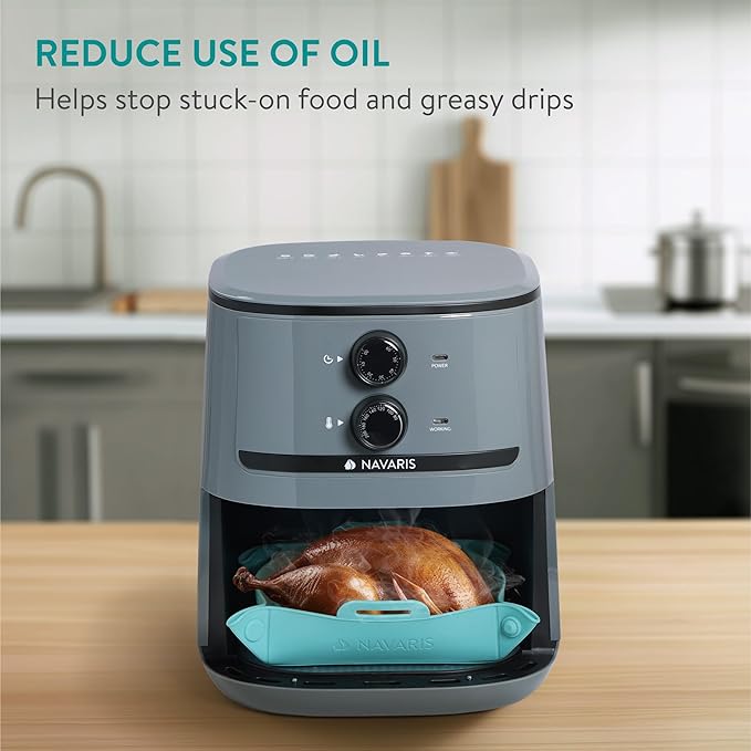 Navaris Silicone Air Fryer Liners (Set of 2) - Reusable Liner with Foldable Design 27cm x 6cm (10.6" x 2.4") - Basket Tray Mat - Dishwasher Safe - Blue
