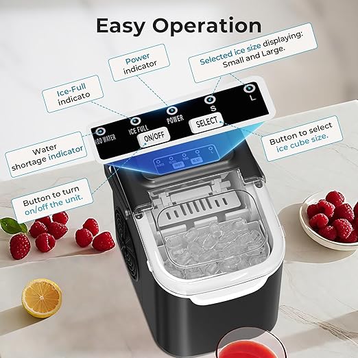 Ice Maker Countertop, 26.5lbs/24Hrs, 8 Bullet ICES in 6 Mins – Self-Cleaning Portable Ice Maker with Selectable Ice Size & Touch Display for Home/Office/Bar, Matte Black