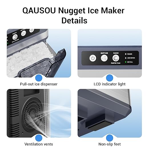 Nugget Ice Maker Countertop 44 Lbs/24h, Chewable Nugget Ice Machine with Side Water Tank, Ready in 5-10 Mins, Self-Cleaning Pellet Ice Machine,Stainless Steel,Scoop Included