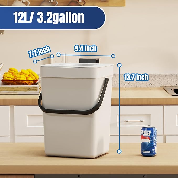 stonespace Hanging Trash Can, 3.2 Gallon/12L Small Waste Bin with Lid for Kitchen Cabinet Door or Under Sink, Bathroom Trash Bin with Lid, Food Waste Bin, 1 Pack White