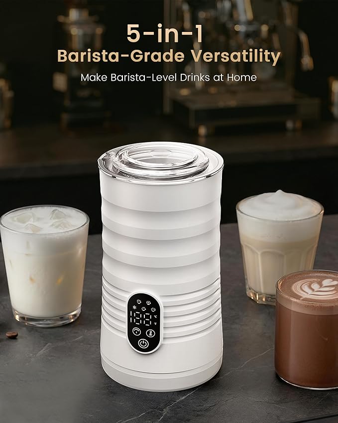 Milk Coffee Frother and Steamer,Temperature Display, 350lm, Burn-Free Base, Easy To Clean, 96% High Foam Rate,Ultra-Quiet Operation,Electric Cold Foam Maker Machine,Hot Chocolate Frother - Milky White